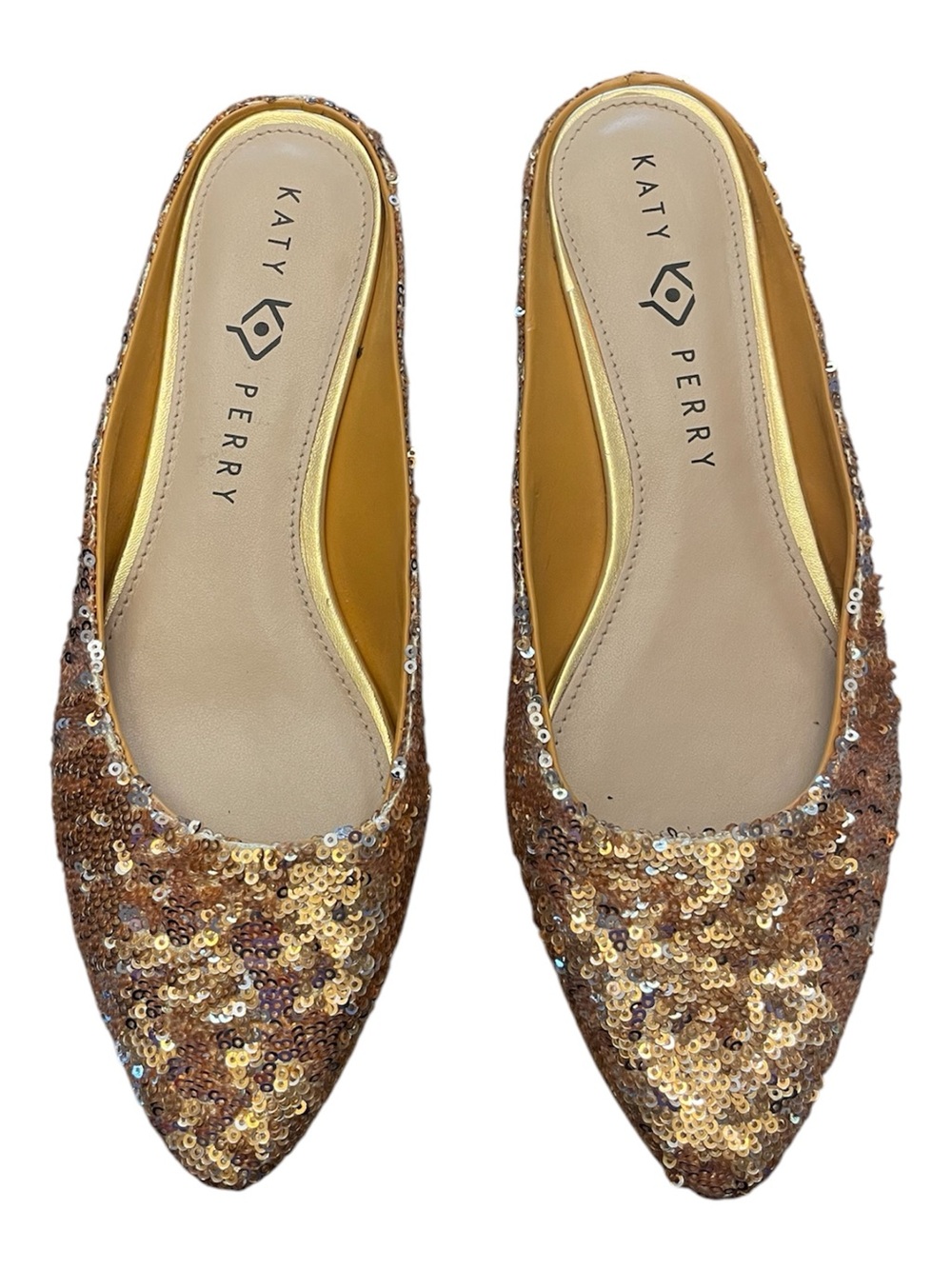 Katy Perry Gold Mermaid Sequin Pointed Toe Mule Flats Slip On Sparkle Glam Shoes - Picture 2 of 4
